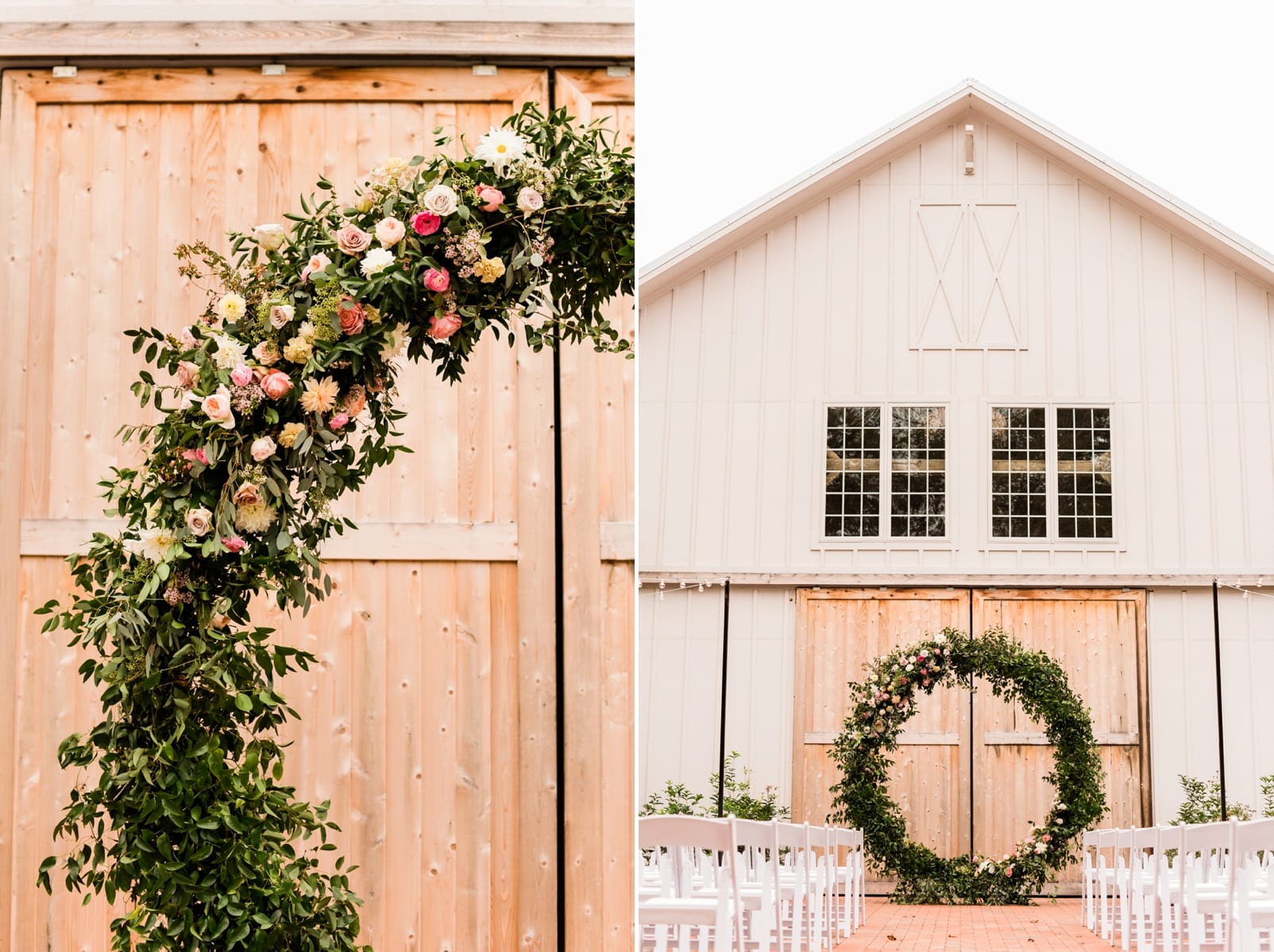 Barn of Chapel Hill at Wild Flora Farm ceremony space with tall wooden barn doors and large circle floral installation with greenery and light pink flowers photo