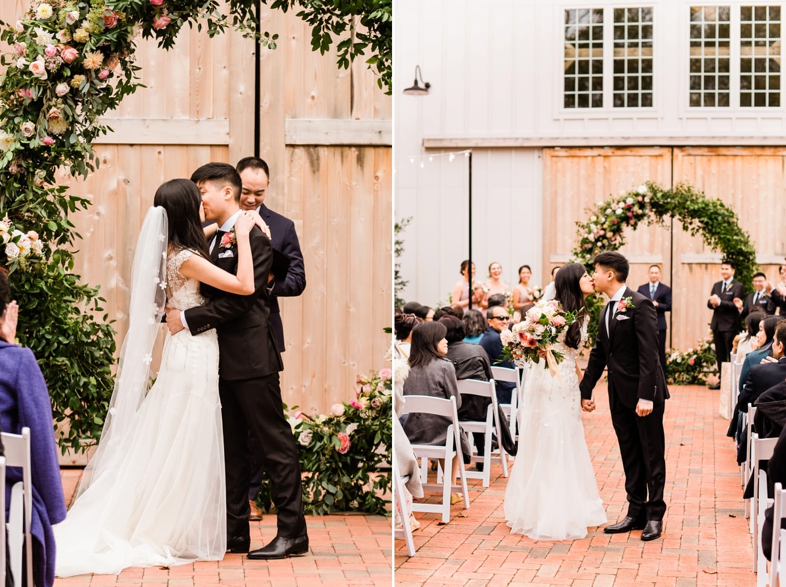 Barn of Chapel Hill bride and groom first kiss photo