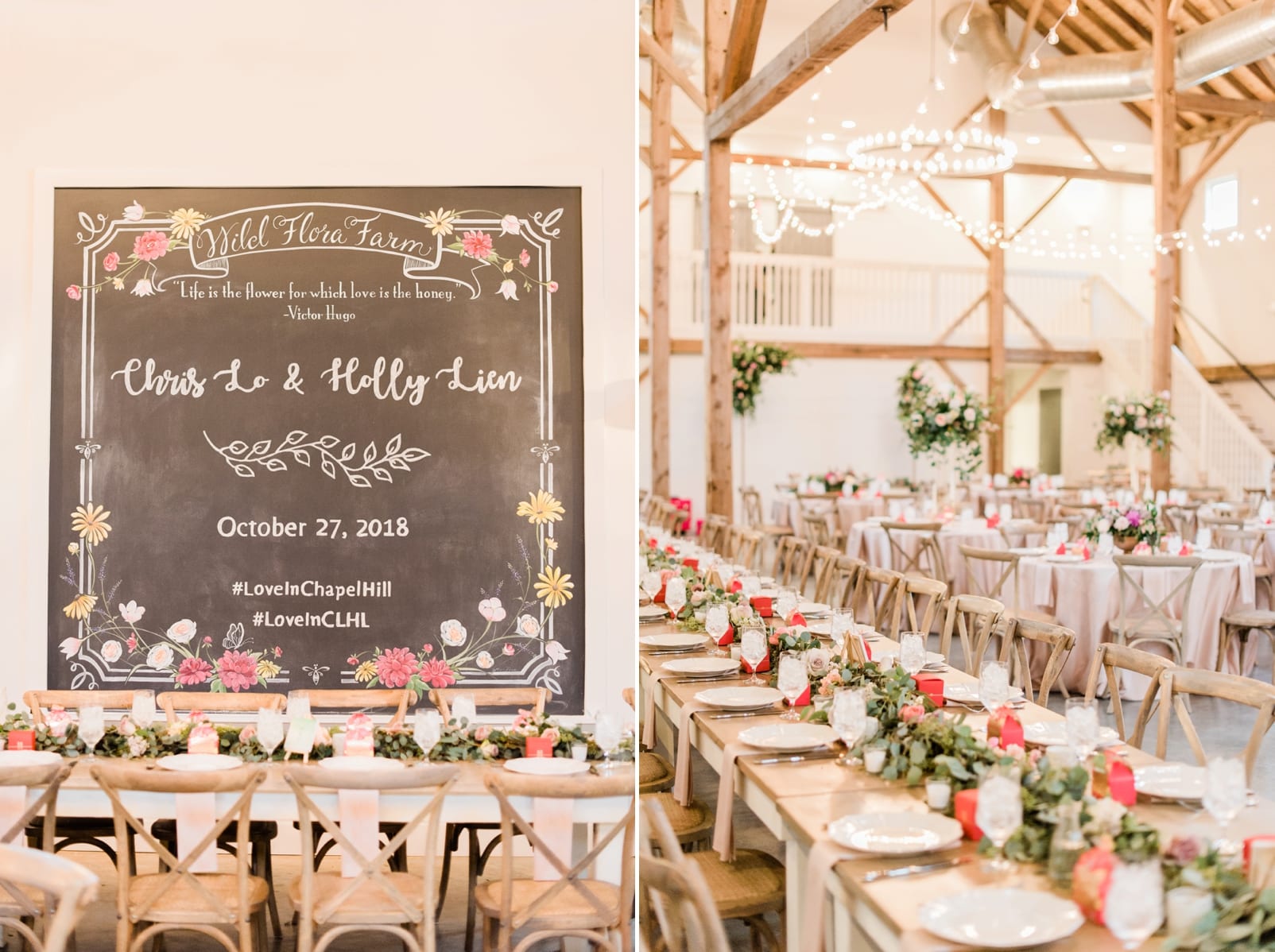 Barn of Chapel hill barn wall with large chalkboard floral drawing with bride and groom names photo