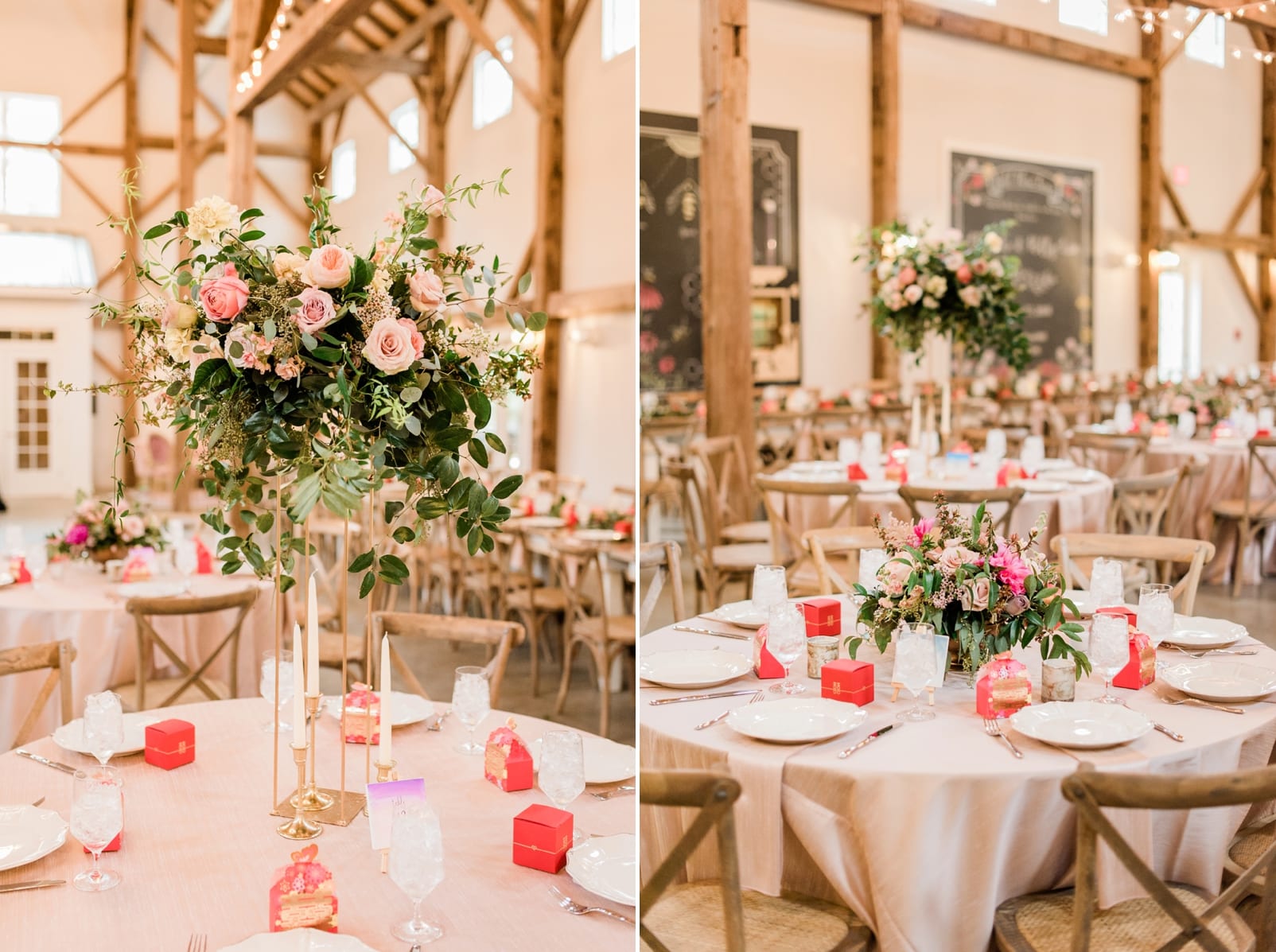 Barn of Chapel Hill reception with round tables and tall floral centerpieces photo