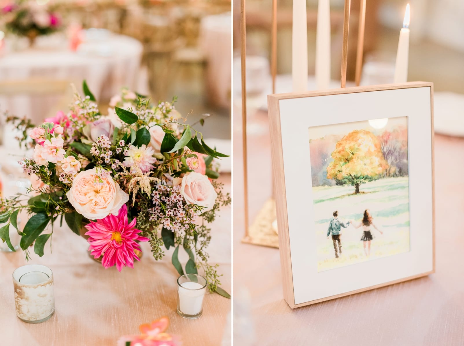 Barn of Chapel Hill reception table with hand painted pictures of the bride and groom photo
