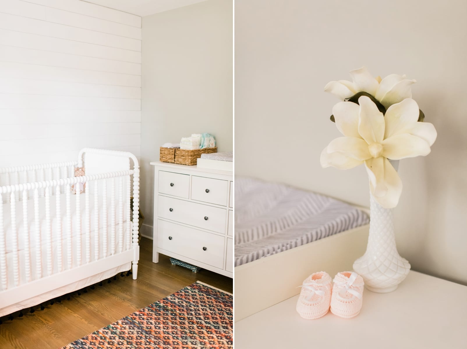 Apex nursery with wood floors and an all white crib and dresser photo
