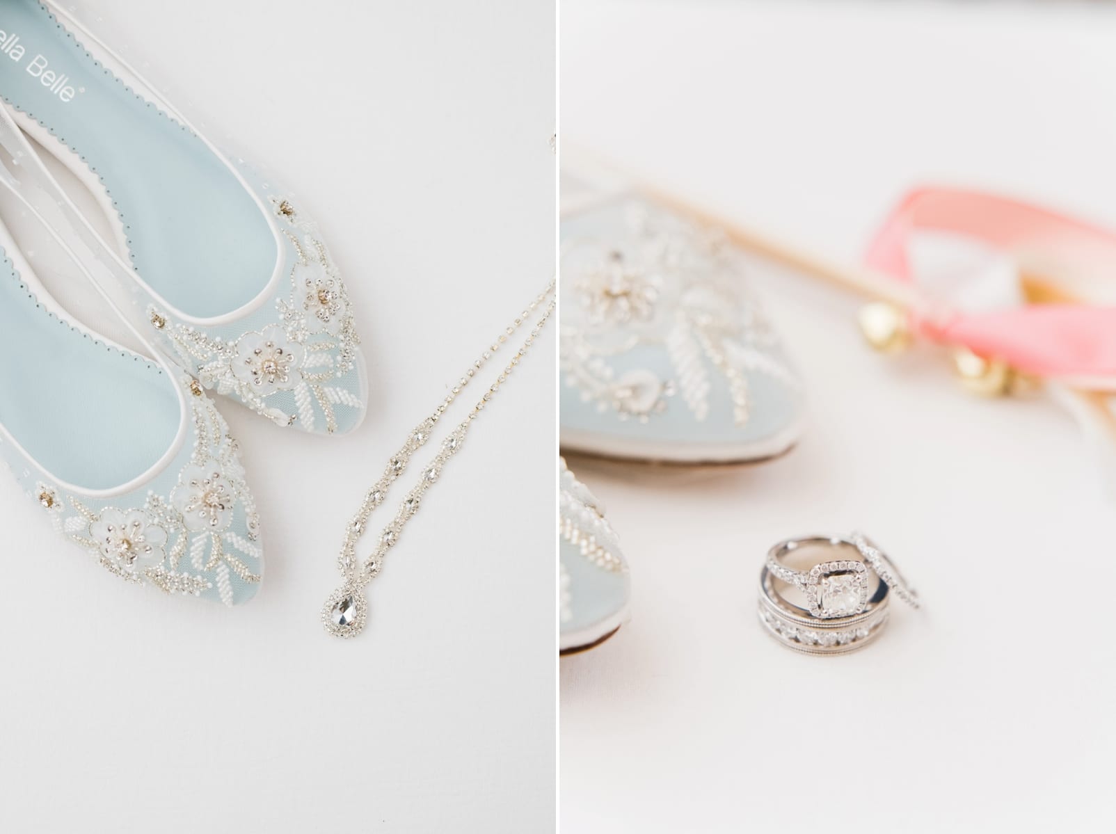 Raleigh, NC bridal details with necklace and wedding weddings in front of lace wedding shoes photo
