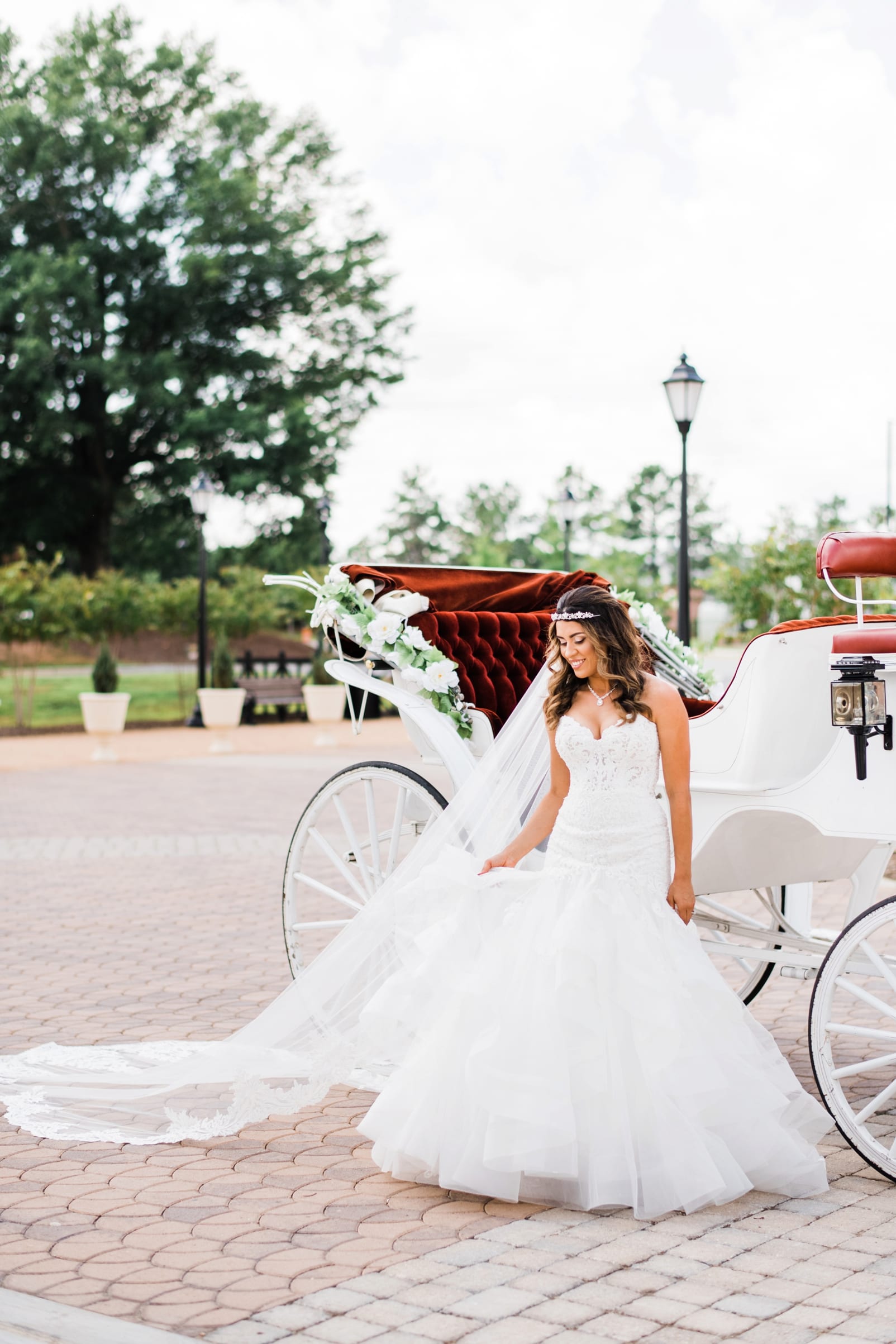 Raleigh, NC bride in strapless gown with a long veil standing in front of a horse and carriage photo