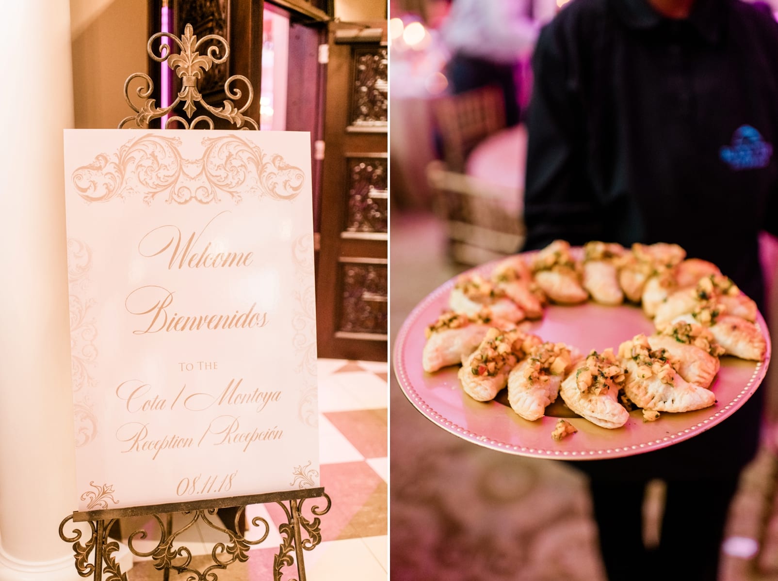 Grand Marquise ballroom wedding reception entrance sign and passed appetizers photo