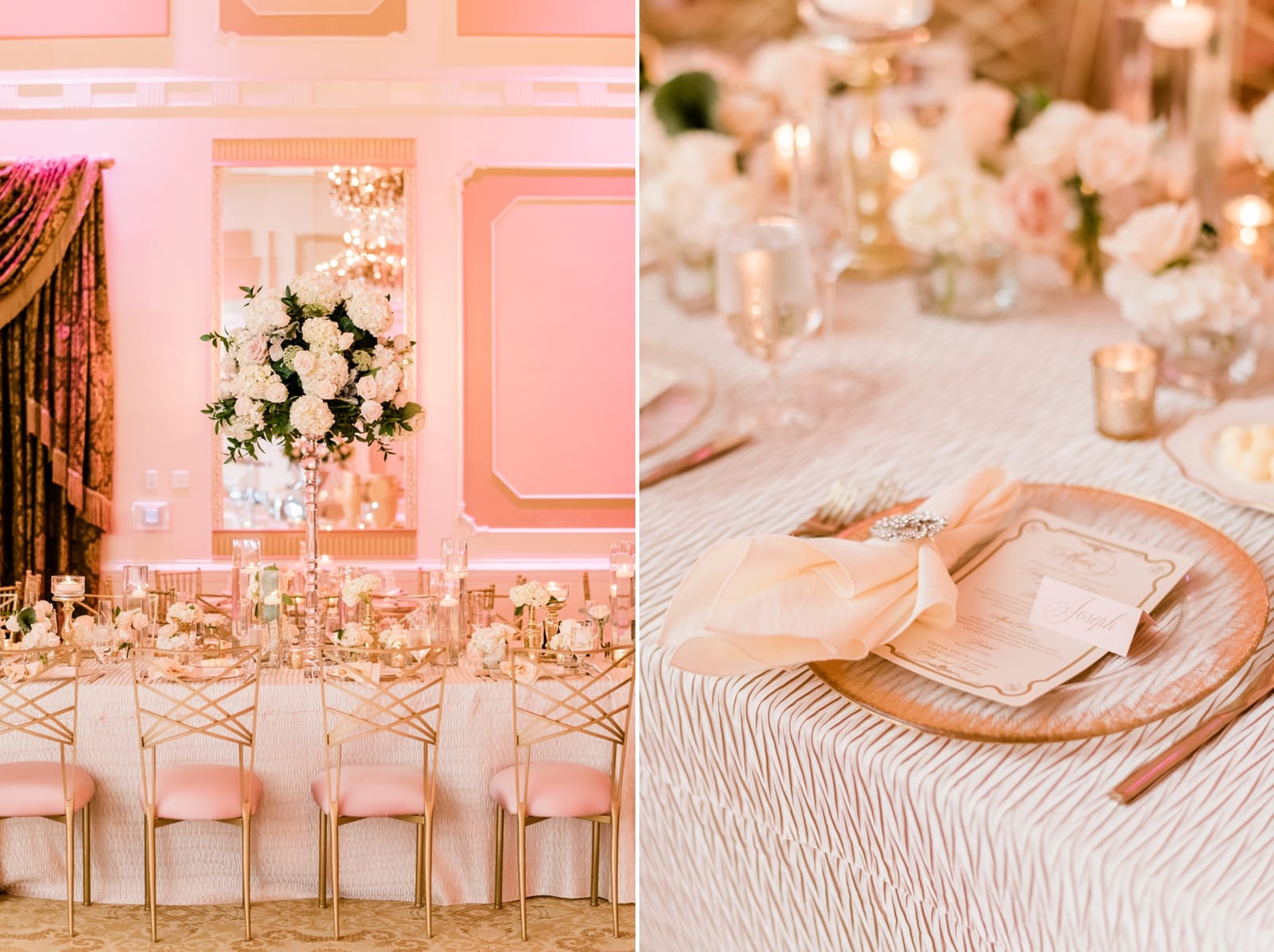 grand marquise ballroom wedding reception white with light pink and gold accents photo
