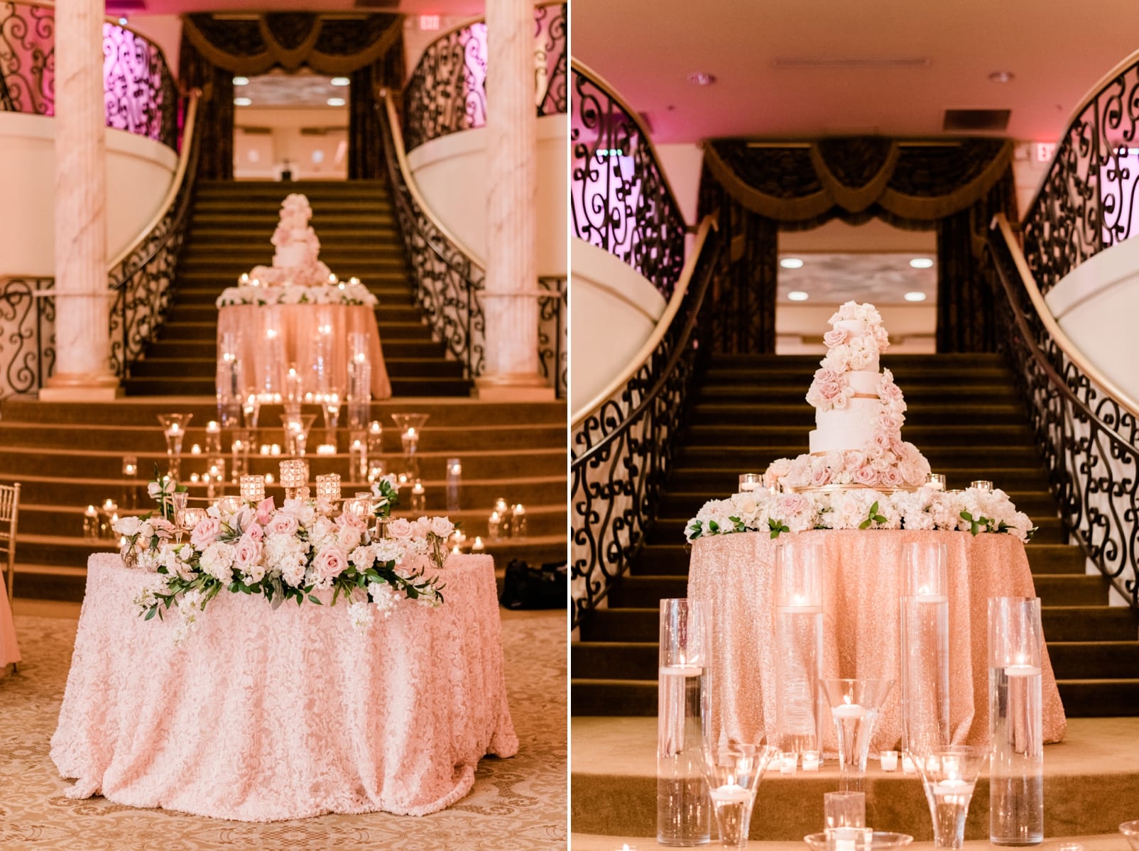 Grand Marquise Ballroom cake display on table with a light pink table cloth at the top of the stairs photo