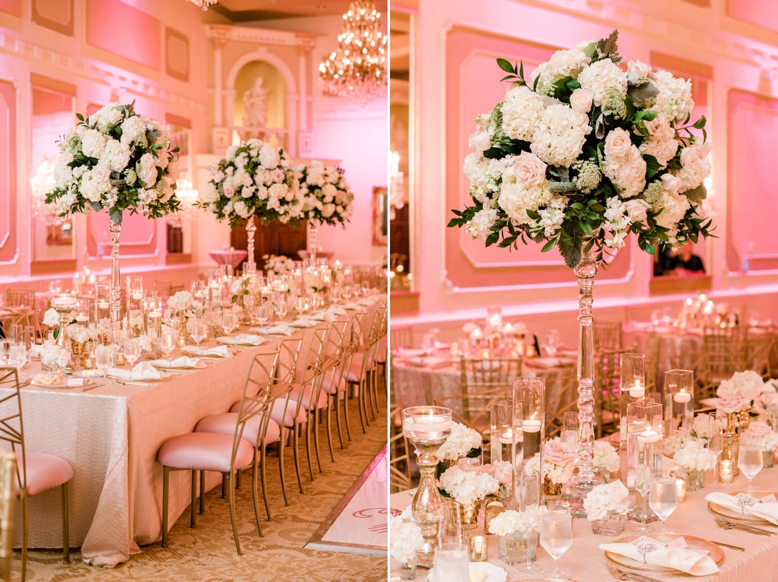 Grand Marquise ballroom wedding reception with gold chairs and tall floral centerpieces photo