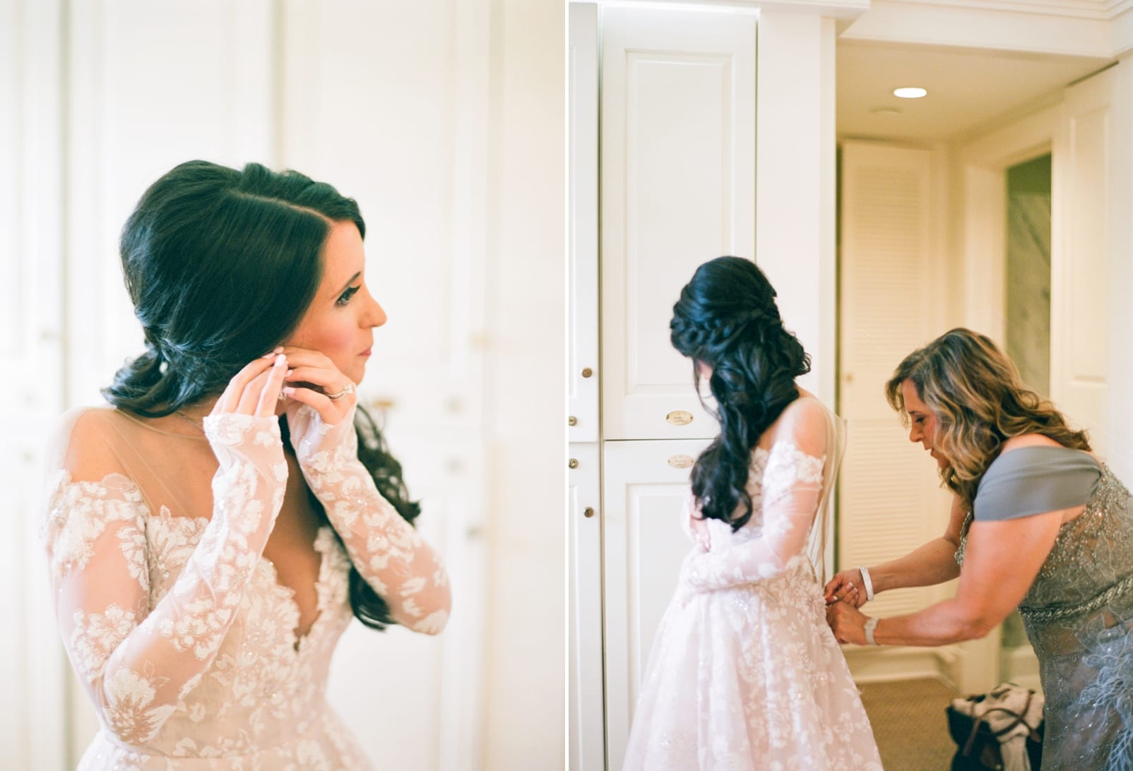 Hayley Paige wedding gown with long lace sleeves and bride putting in her earrings photo