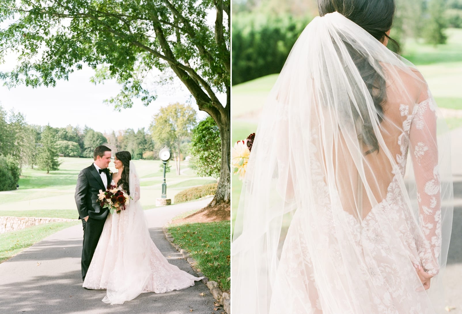 Biltmore Forest Country Club bride with long veil covering an open back dress photo
