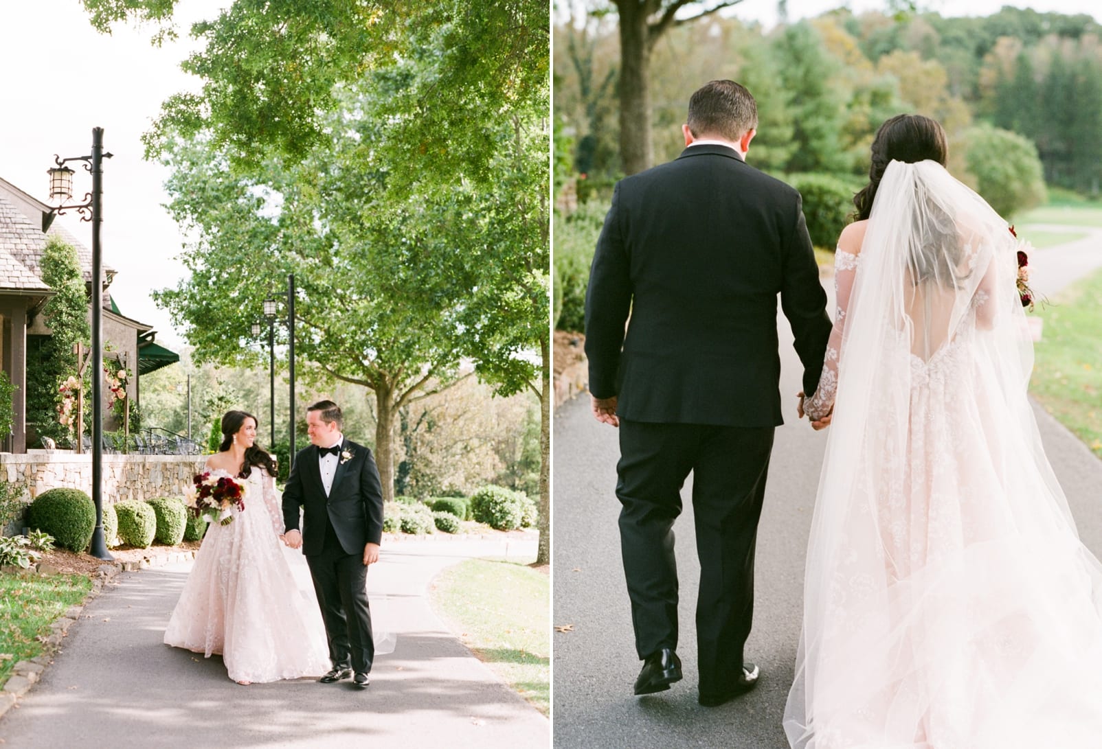 Biltmore Forest Country Club bride and groom walking and holding hands photo