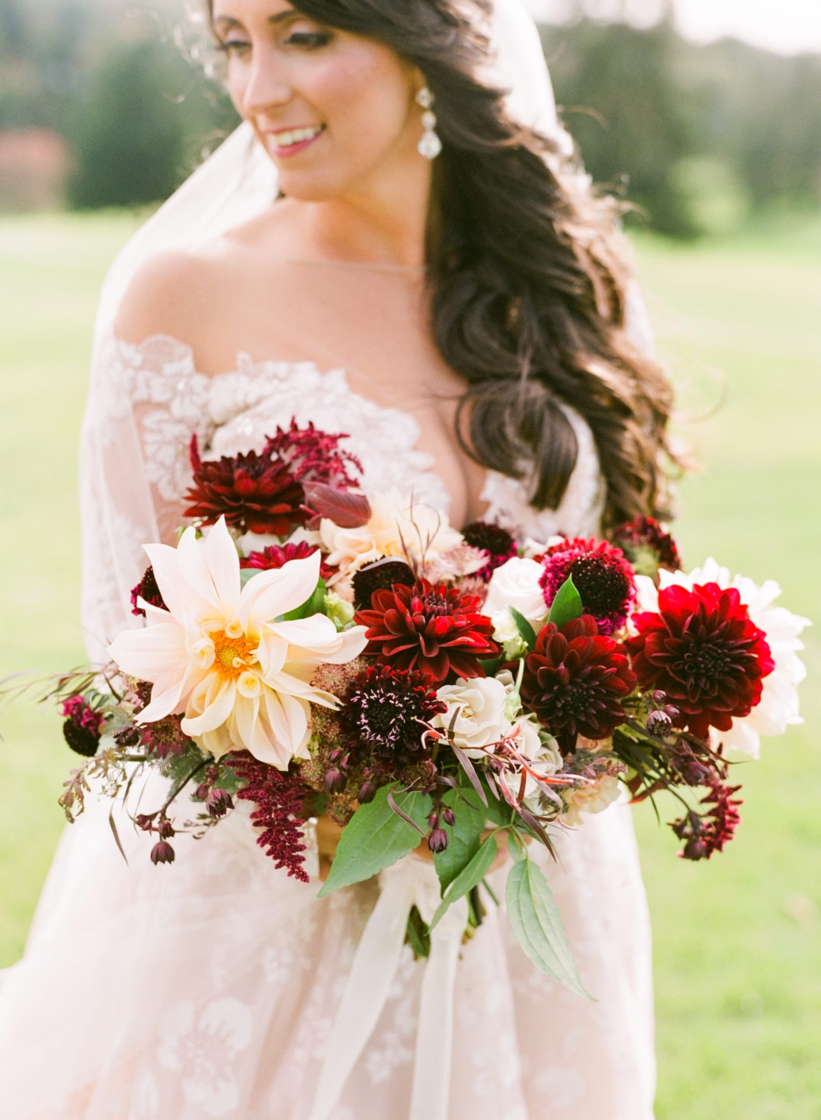 Flourish Flower Farm bridal bouquet with maroon accent flowers photo