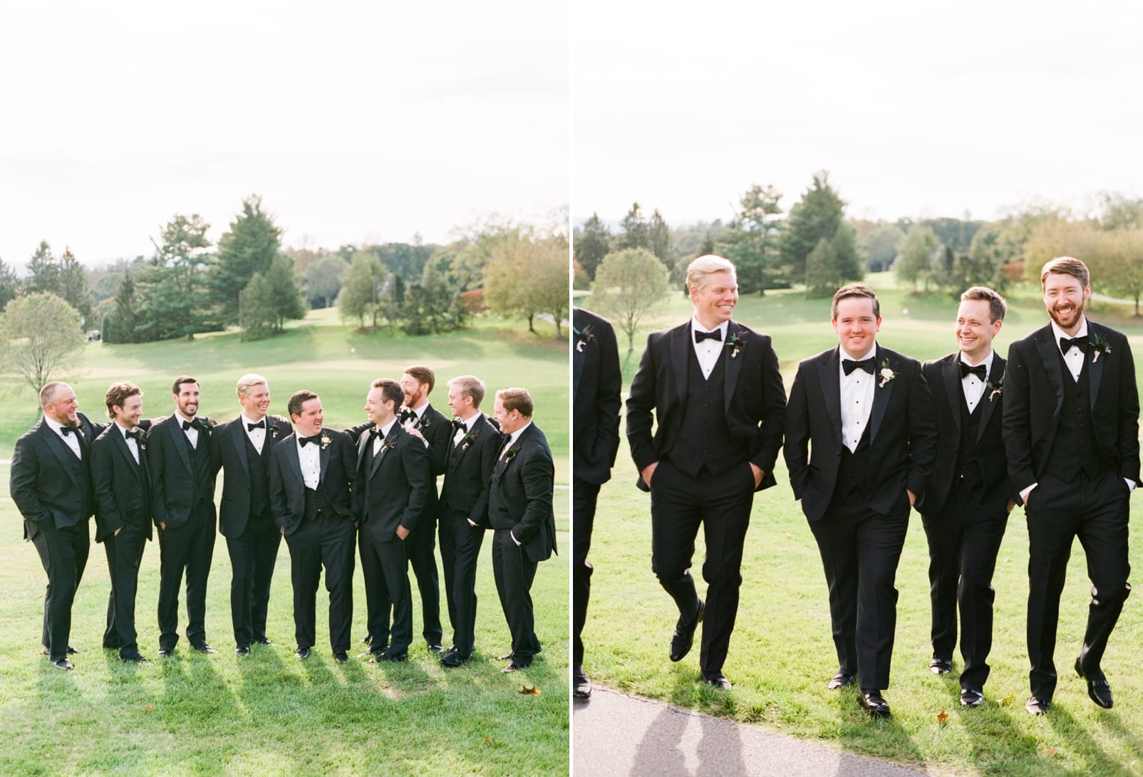 Asheville, NC groom and groomsmen in black tuxes walking and laughing together photo