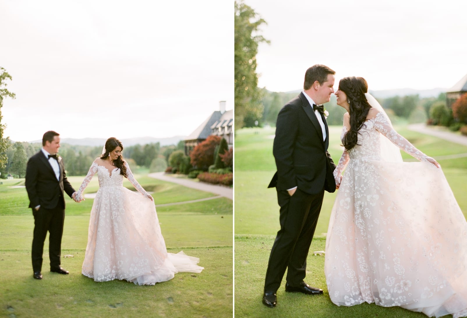 Asheville, NC bride and groom sunset portraits on a golf course photo
