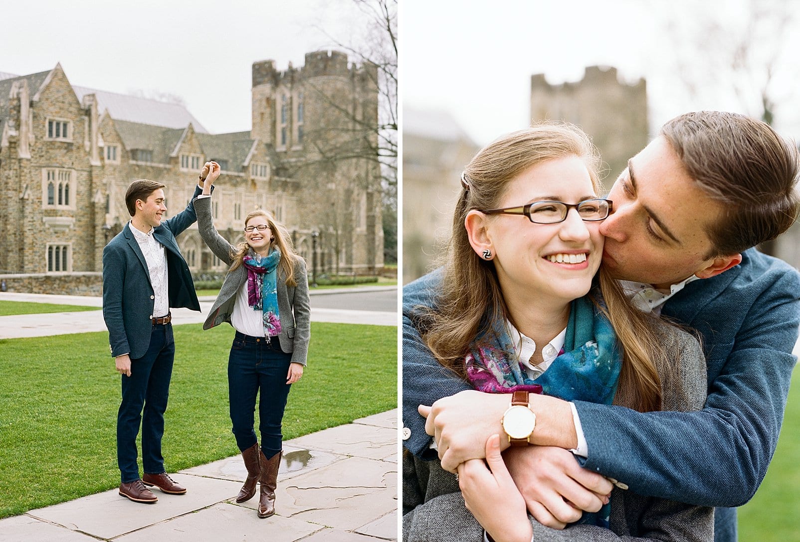 Duke campus engagement pictures with couple dancing and kissing photo