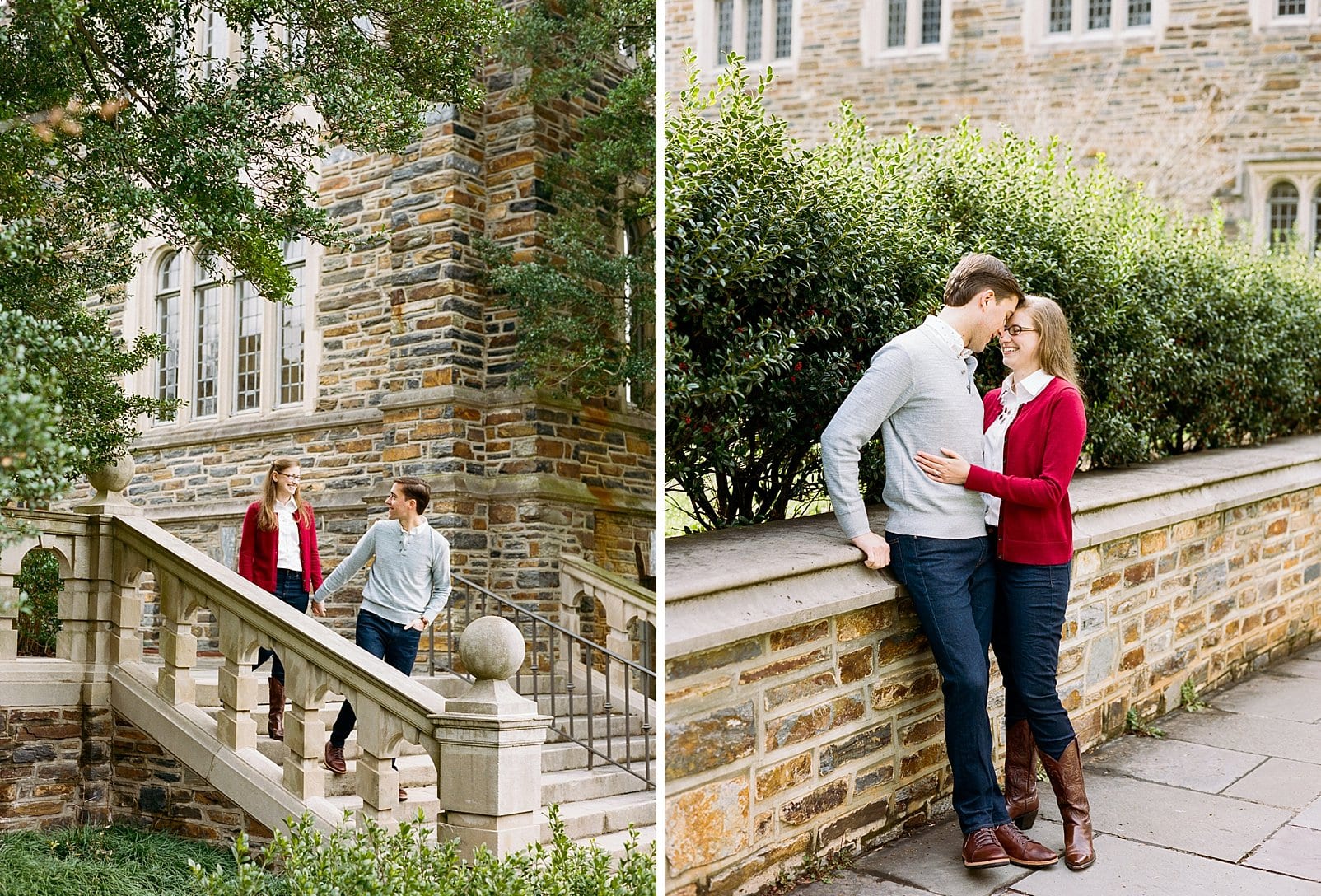 Duke engagement session on stone stairwell photo