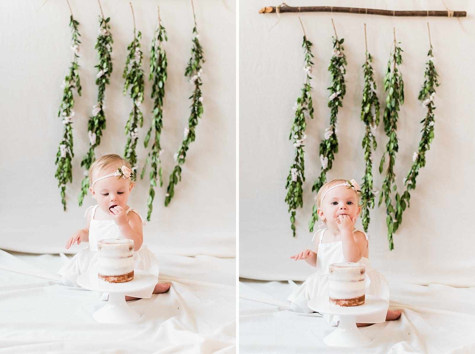 Raleigh 1 year old girl during her cake smash with greenery hanging down behind her photo