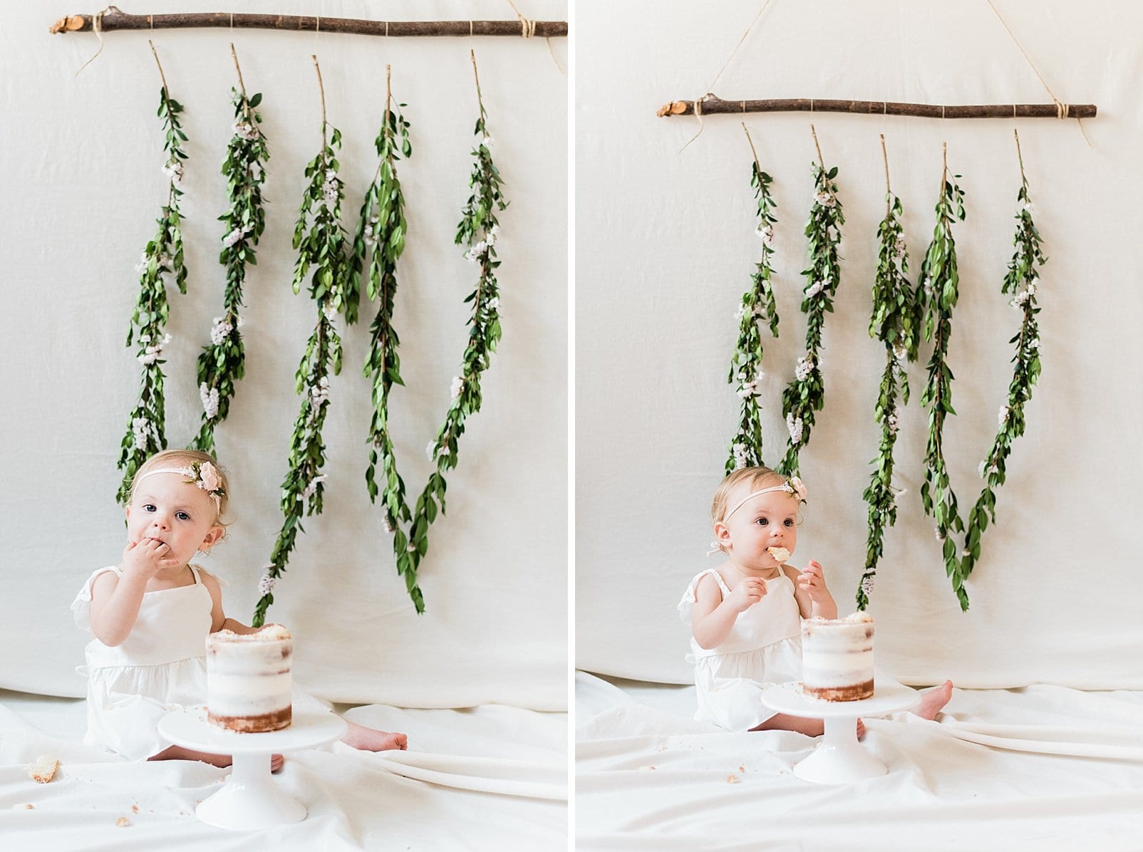 Wake Forest cake smash for 1st birthday party with greenery hanging from a stick as the back drop photo