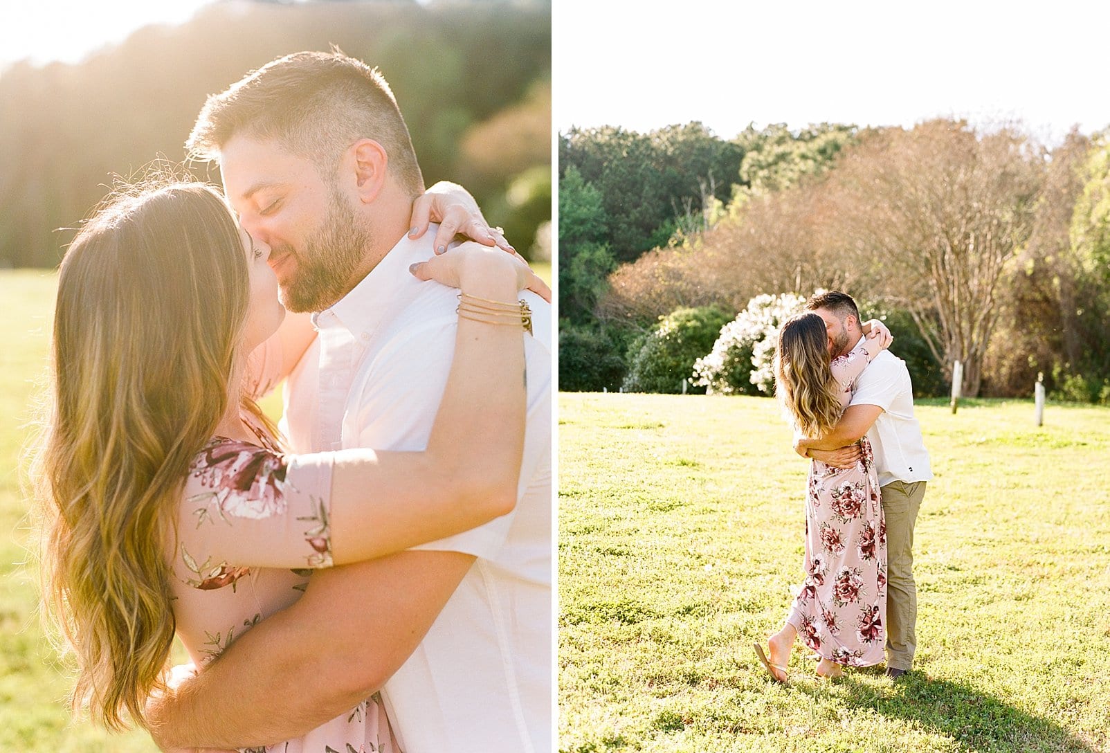 raleigh, nc couple embracing in an open field for engagement photo