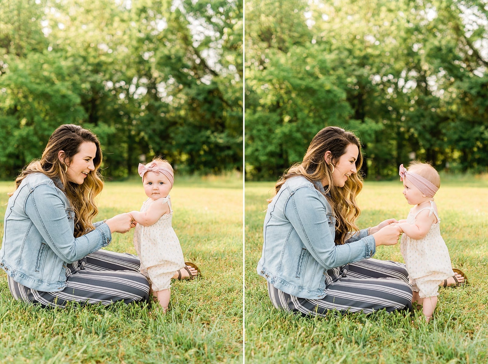 Raleigh mother holding her daughter's hands so she can stand in the grass photo