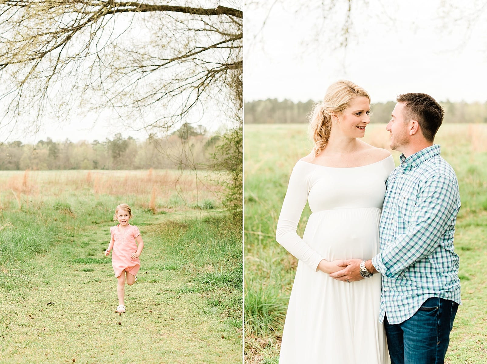 Mother and father during maternity session and their four year old daughter running down a grass path photo
