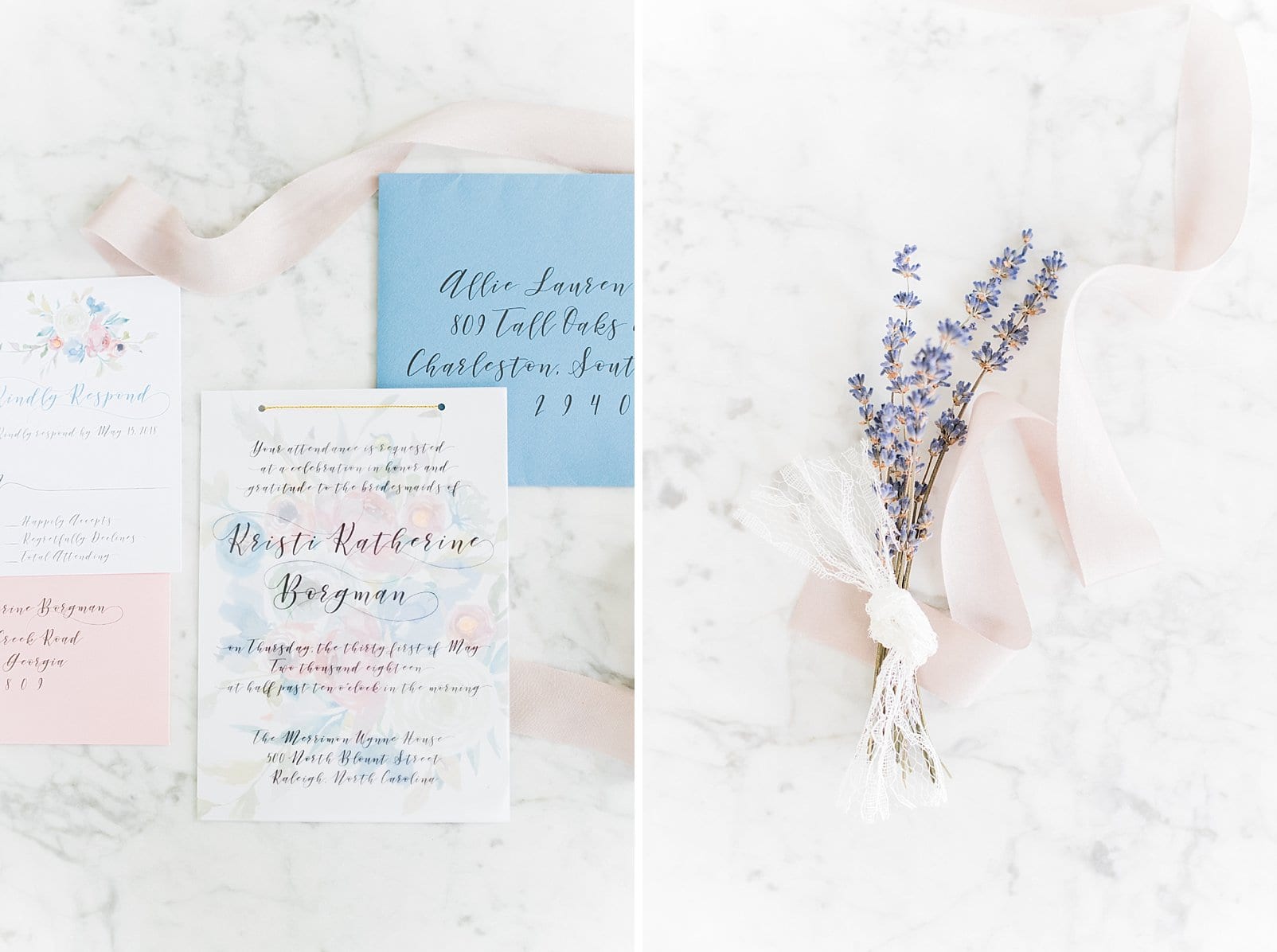 Alwater Graphics Studio invitation suite styled with lavender sprigs and light blue envelope photo