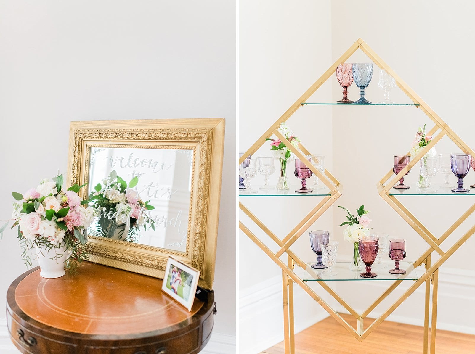 Greenhouse picker sisters specialty rentals gold geometric display styled with colored glass goblets photo