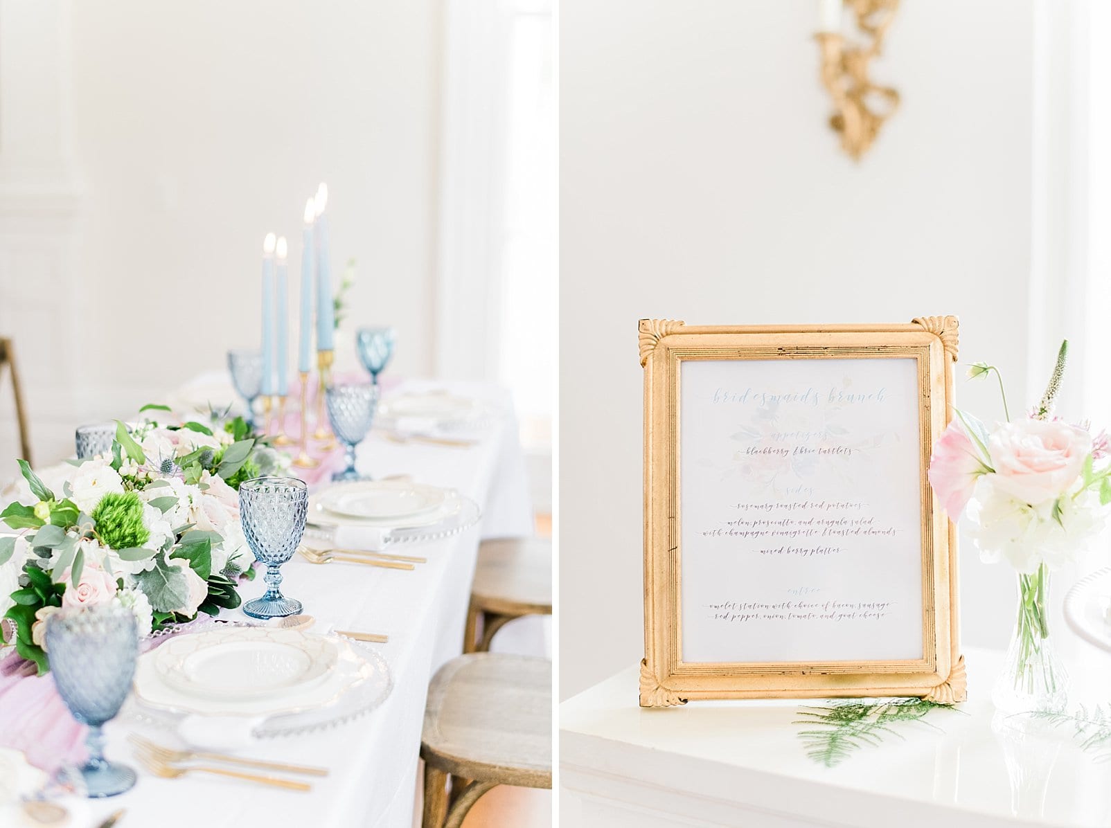 Merrimon wynne bridal luncheon with gold framed menu and light blue and pink accent colors on table setting photo