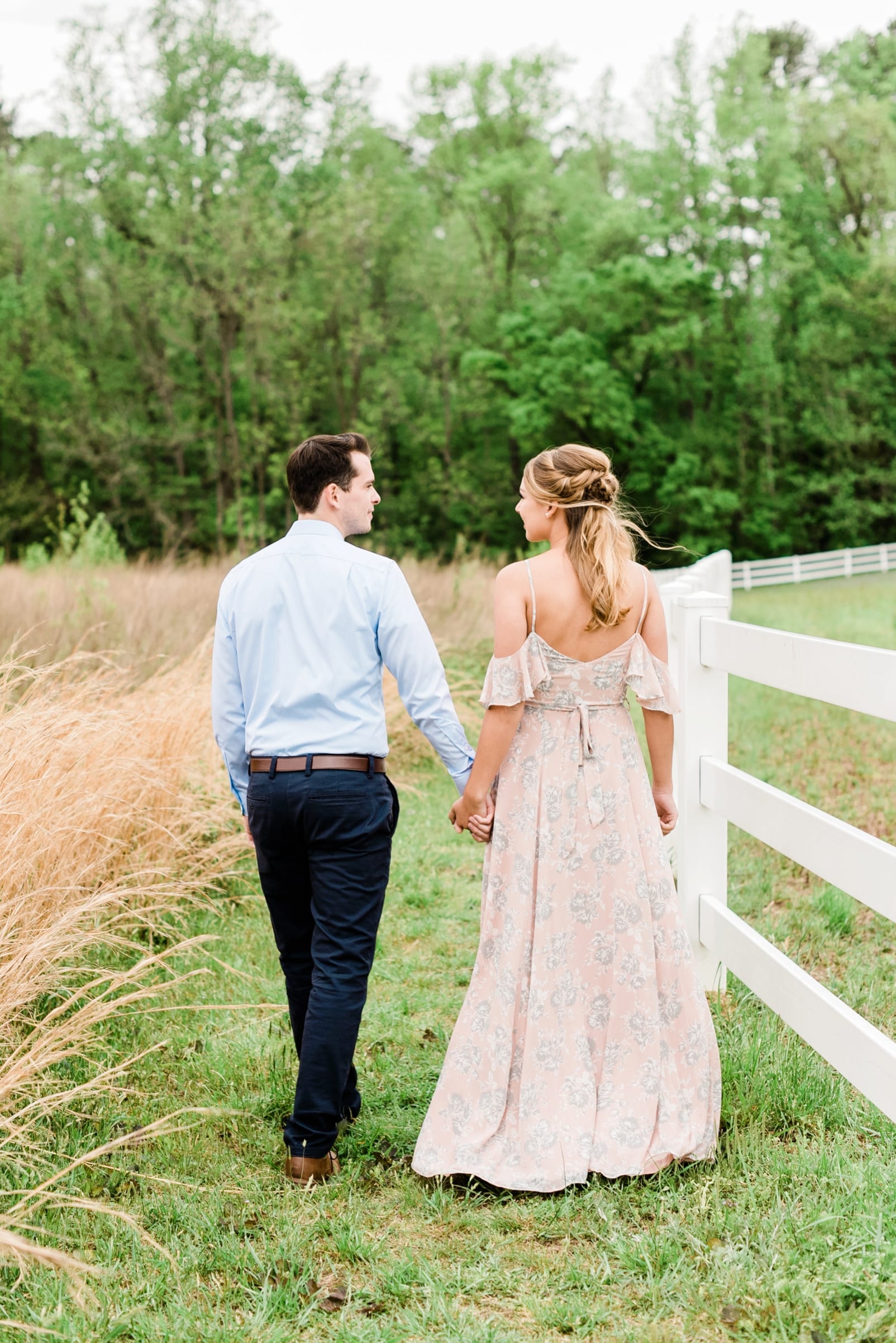 Wake Forest engagement bride to be in a thin strap blush gown with off the shoulder sleeves photo