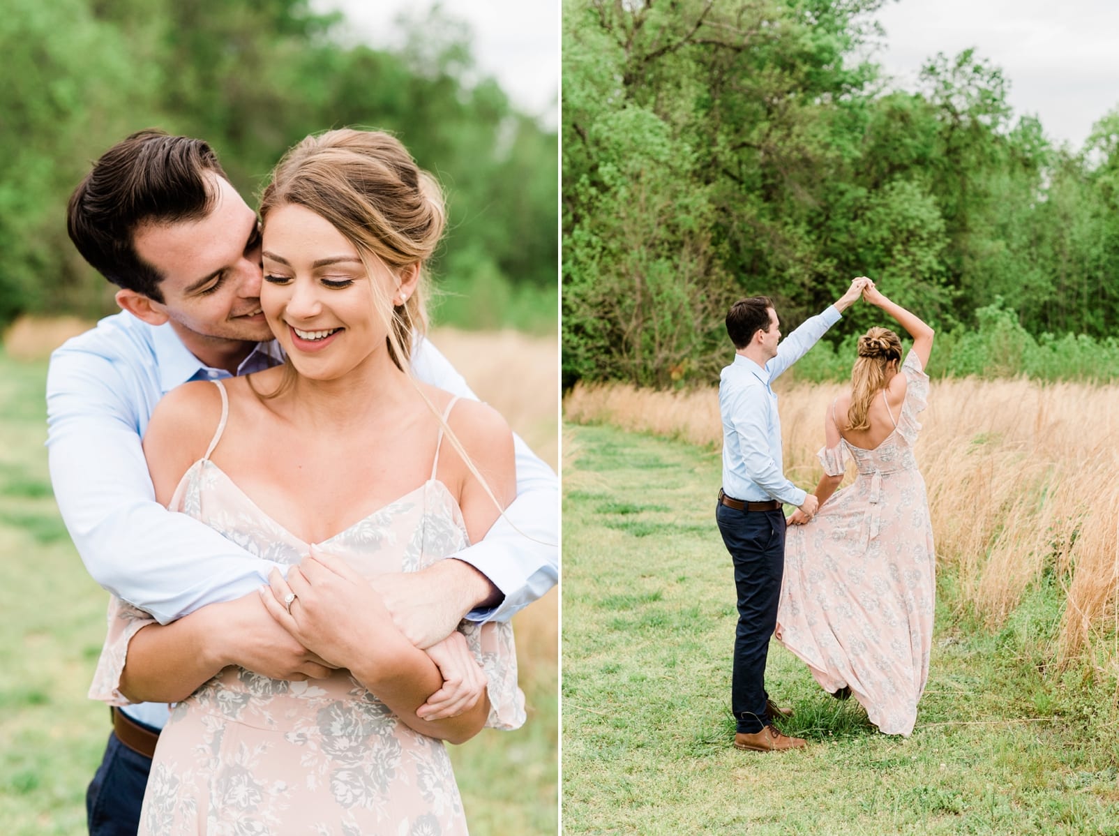 Spring engagement with groom twirling her around down a grass path photo