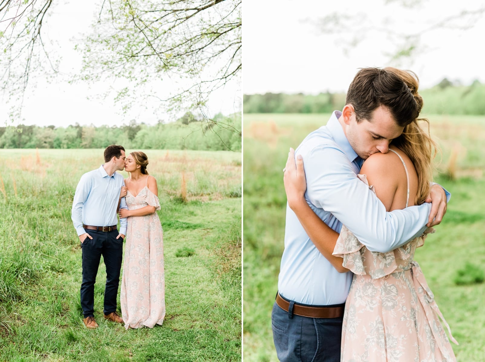 Spring engagement session groom embracing his bride while wearing a long sleeve light blue button down shirt photo