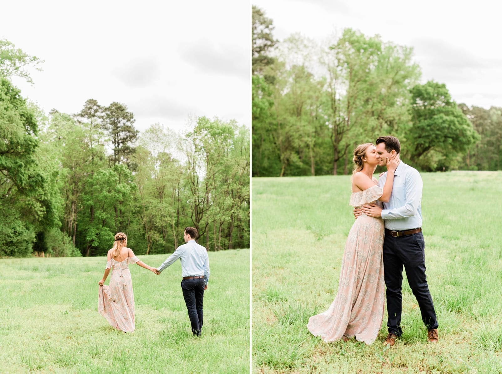 Wake Forest engagement session with the bride leading the groom through a grass field photo
