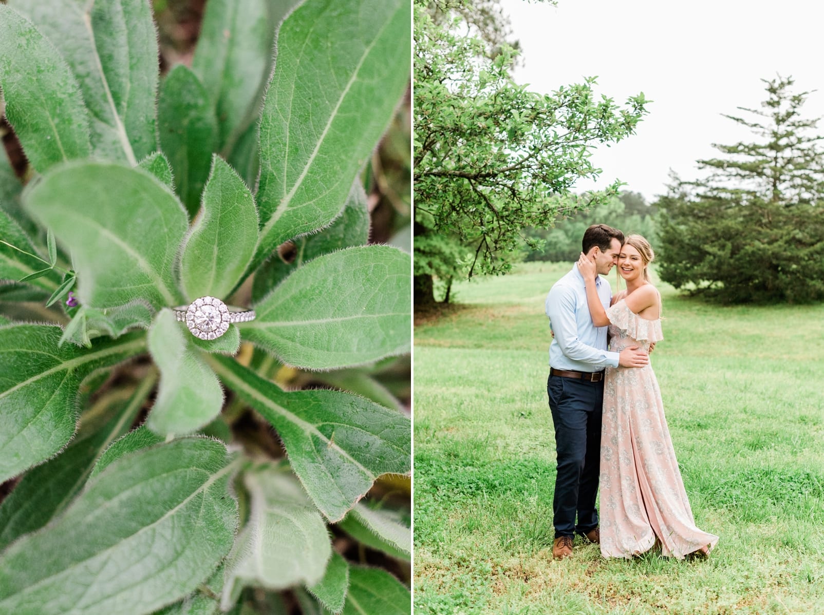 Spring engagement session with close up of circle cut engagement ring in greenery photo