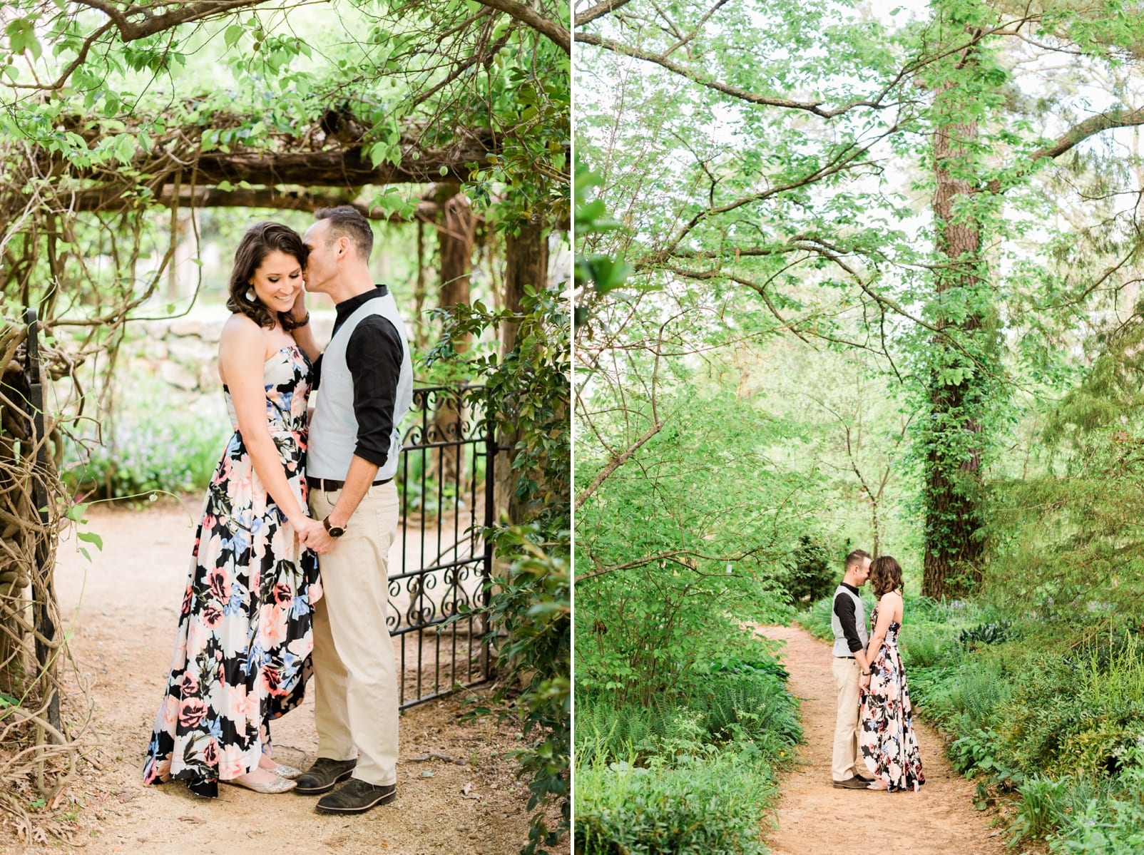 Chapel hill engagement session on a brick walking path through a wooded area photo