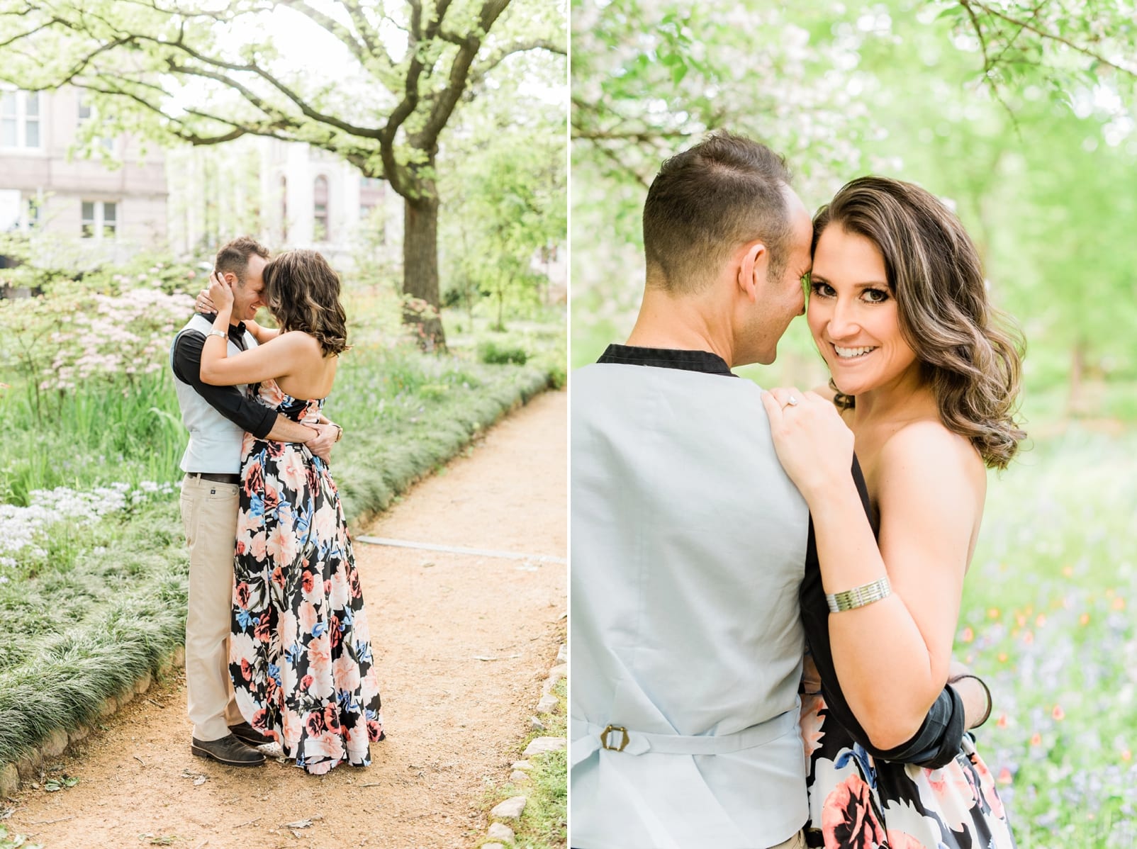 Chapel Hill couple snuggled together on UNC's campus for engagement pictures. Bride in long flower dress photo