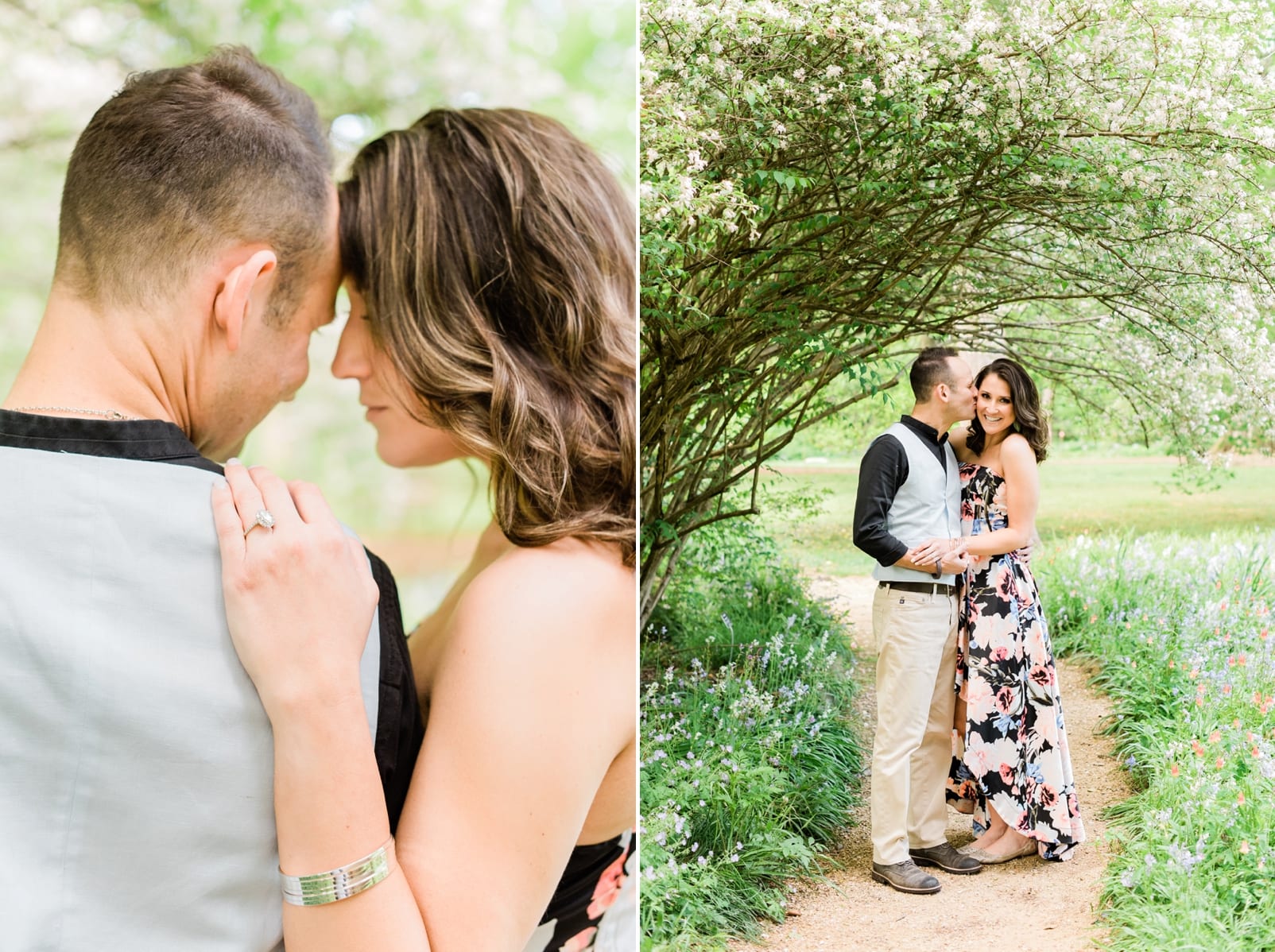 Chapel Hill engagement session bride in strapless floral dress and groom in black shirt with a grey vest photo