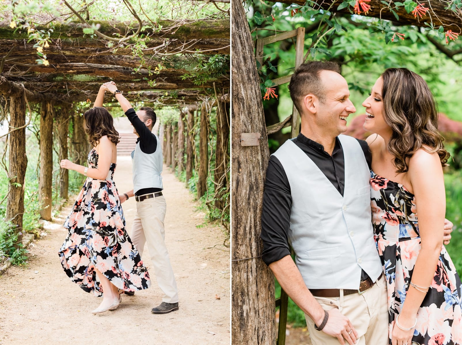 Chapel Hill bride and groom twirling on a path with wooden arches down it photo
