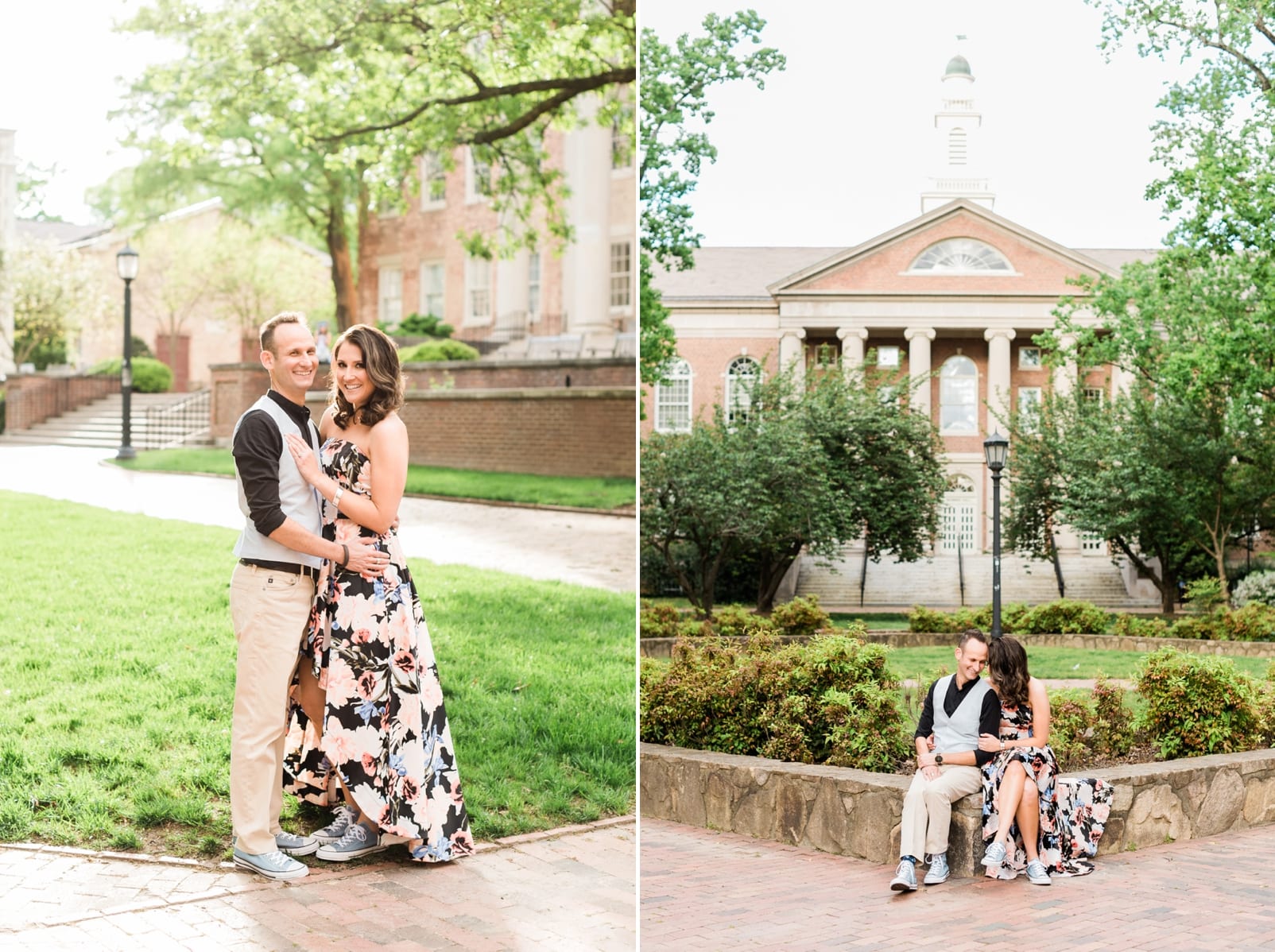 Chapel Hill UNC campus engagement session with couple kissing in front of a campus building photo