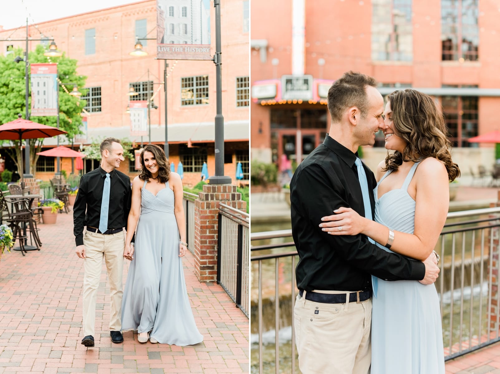 Durham engagement session with couple walking through the old tobacco campus together holding hands photo
