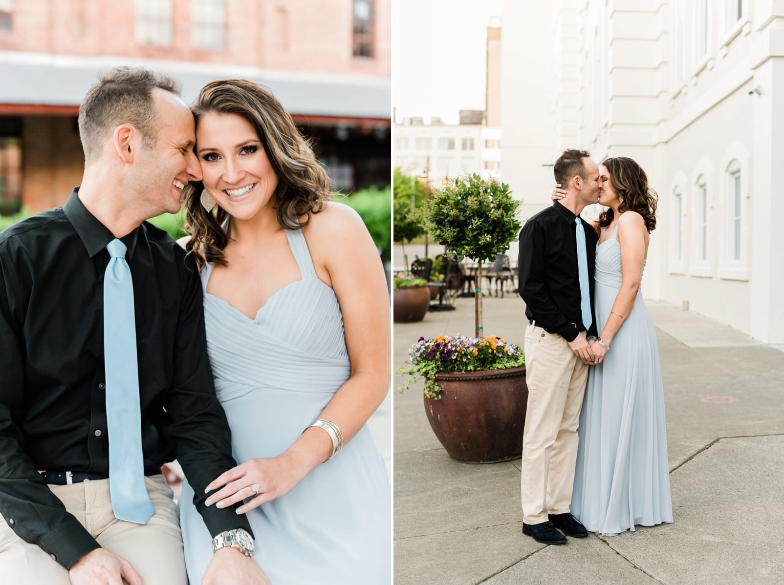 Durham couple embracing during their downtown engagement session photo