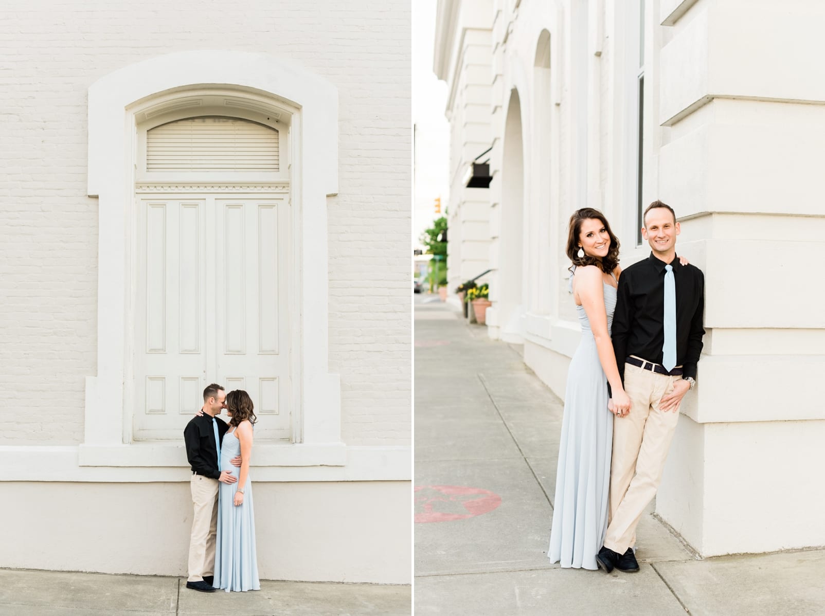 Durham downtown couple leaning against a building for their engagement session photo