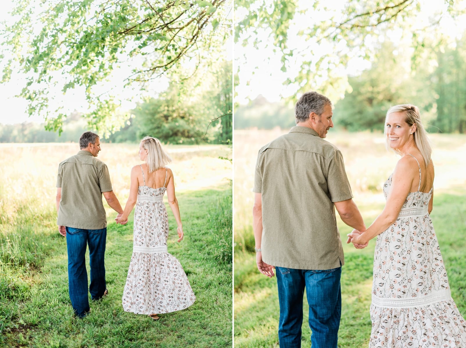 Wake Forest engagement session bride walking and holding hands with husband while looking back over her shoulder photo