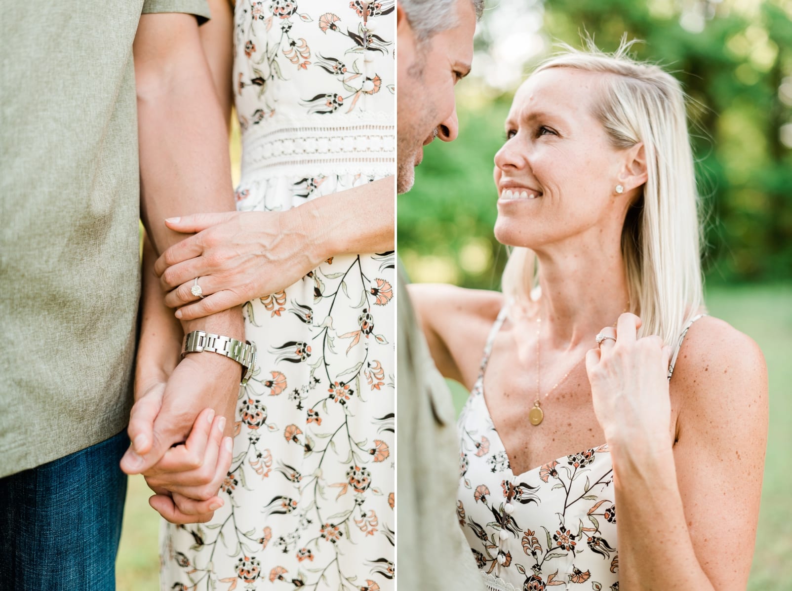 Wake forest engagement bride in spaghetti strap floral dress holding hands with her soon to be husband photo