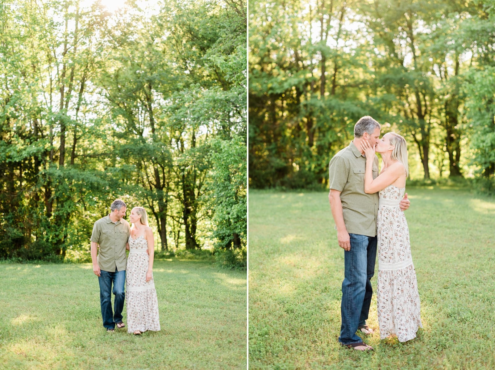 Wake Forest couple embracing in a wooded grass field photo
