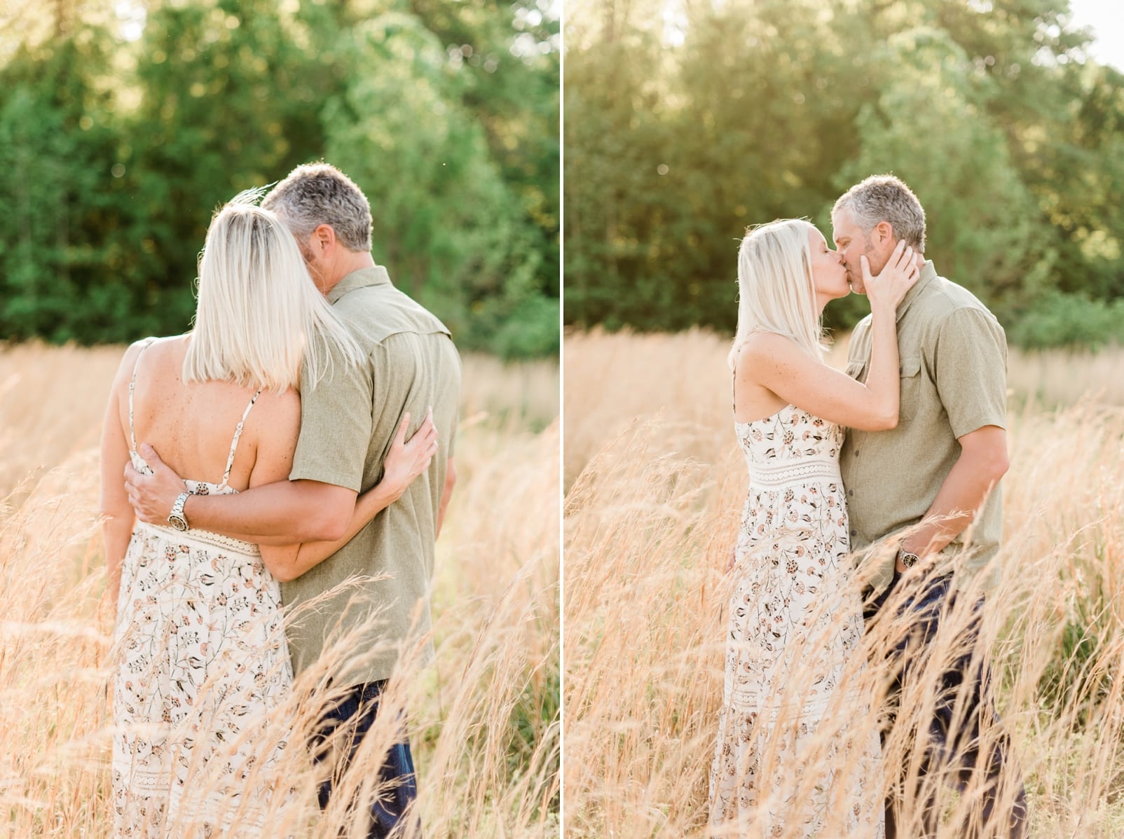 Raleigh couple embracing at sunset in a wheat field photo