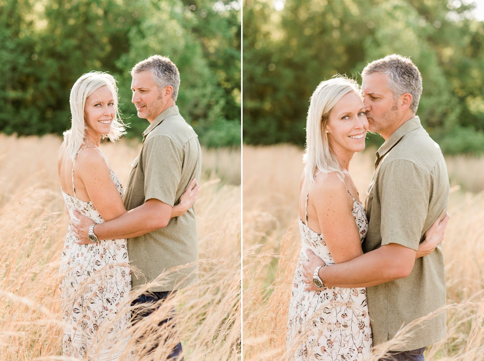 Wake Forest couple embracing in the middle of a wheat field at sunset photo