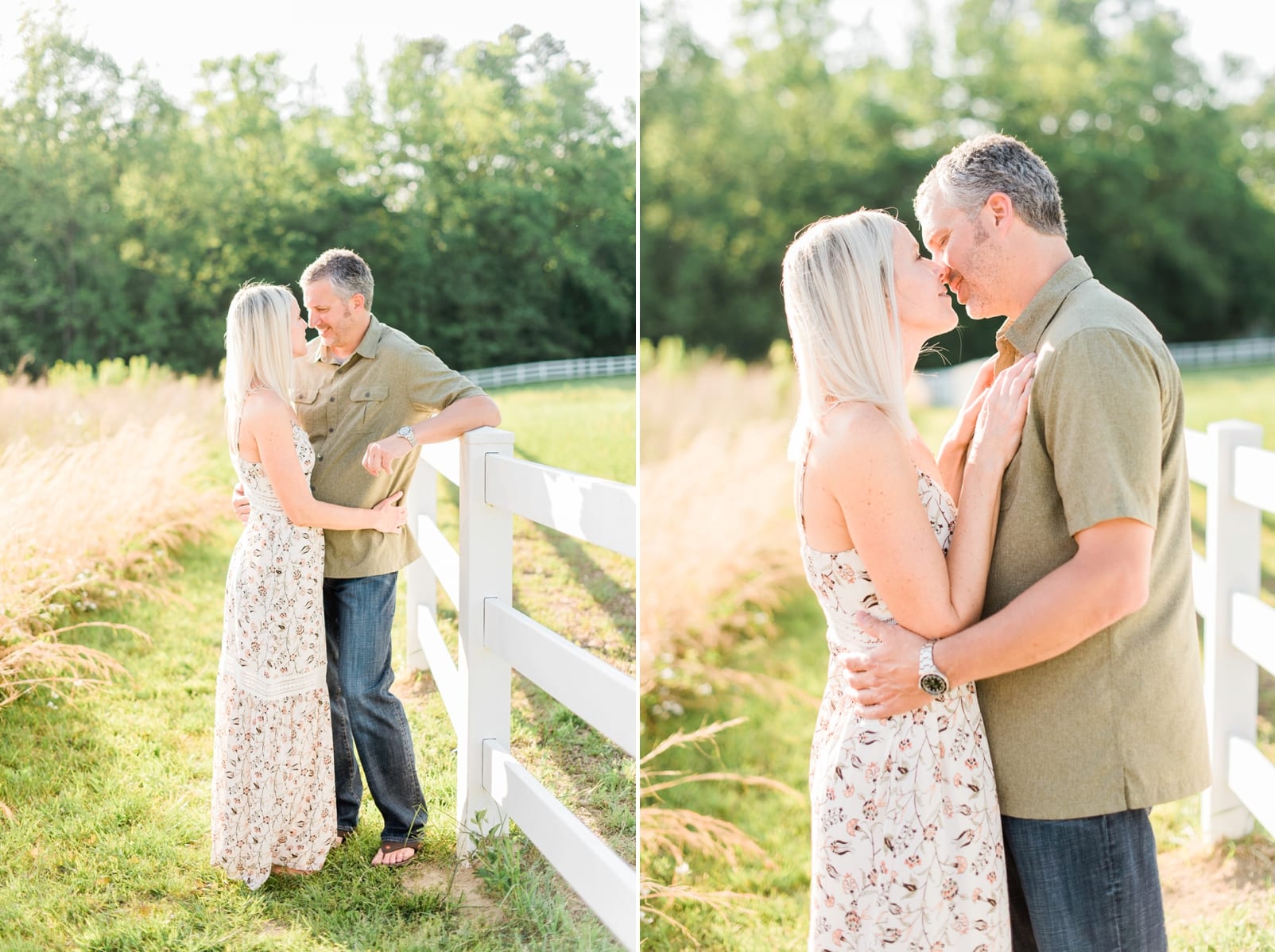 Raleigh engagement session next to a white horse fence photo