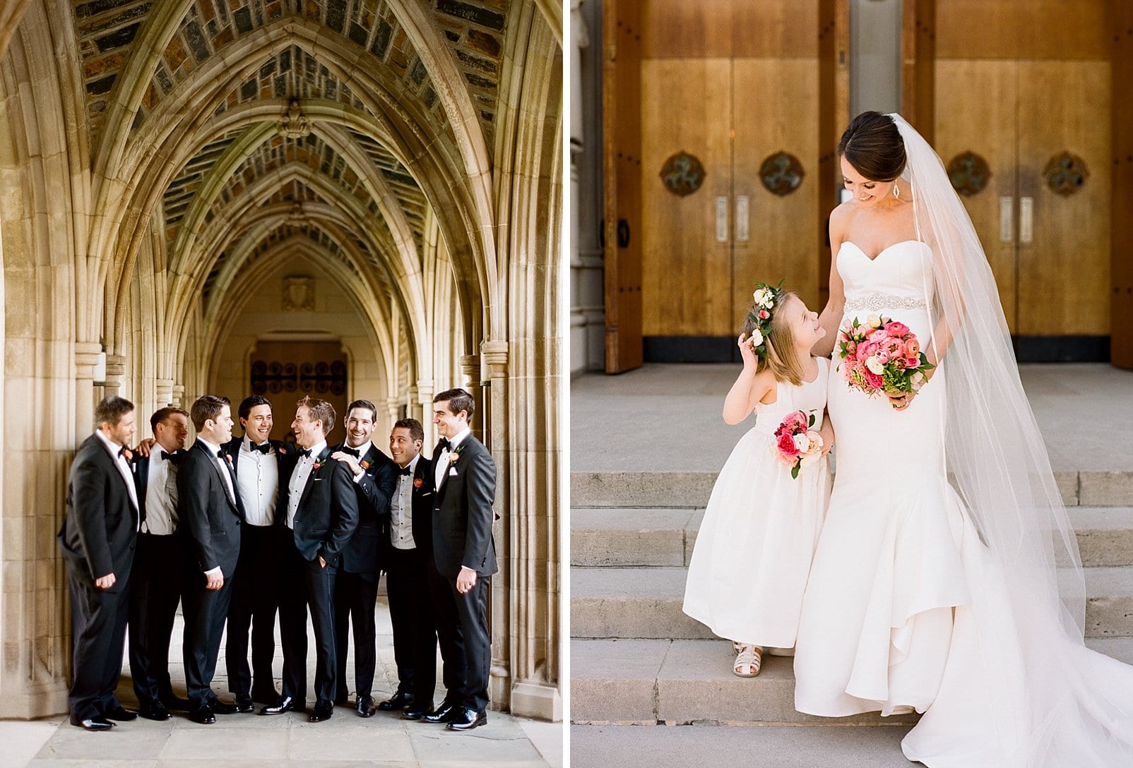 Duke Chapel groomsmen talking under the Duke chapel arches and bride looking down at her flower girl photo