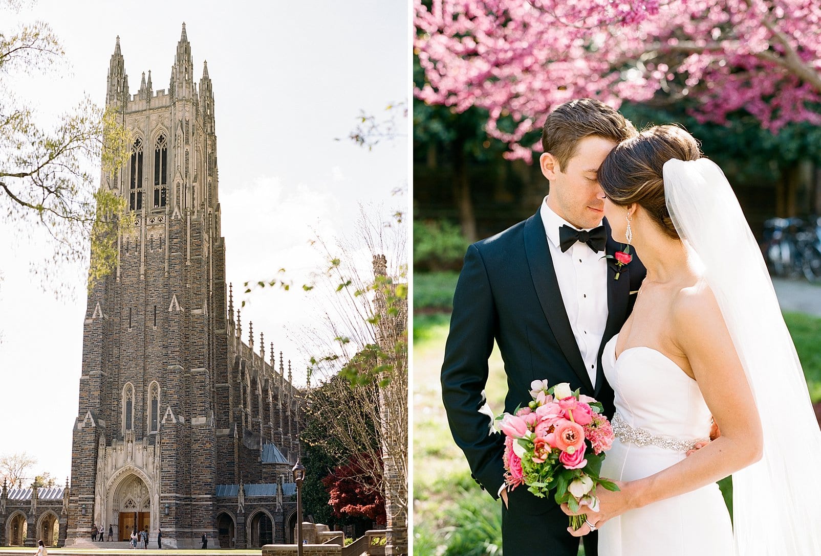 Duke Chapel photo down the side of the chapel and bride and groom snuggled together in front of spring tree blossoms photo