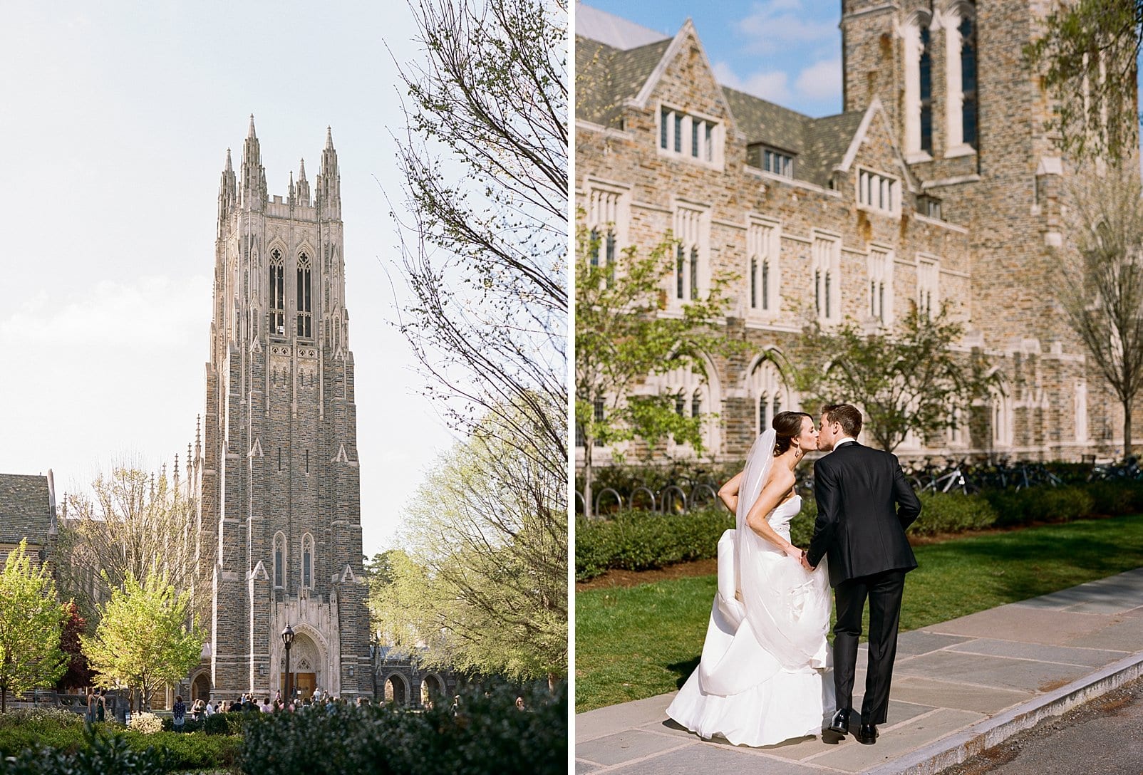 Duke Chapel wedding with bride and groom kissing in front of the side of the chapel photo